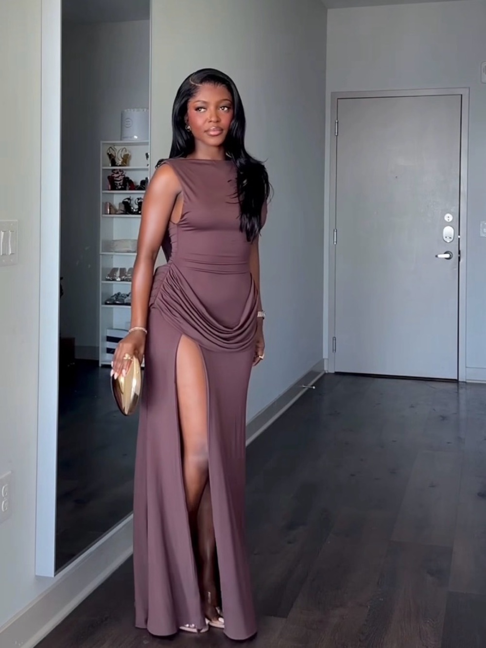 “BRUNA” Maxi Dress - Plum Brown - Draped Maxi Dress with High Side Slit